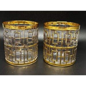 Set 2 Shoji Trellis 22K Gold Rocks Glasses Mid Century Imperial Vintage Barware